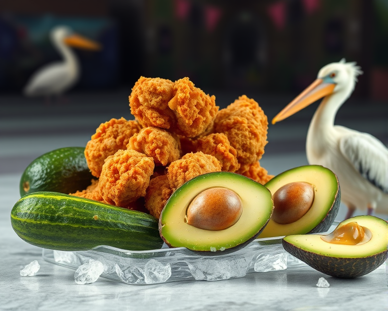 cucumber, fried chicken, avocado, ice skate, pelican, cone